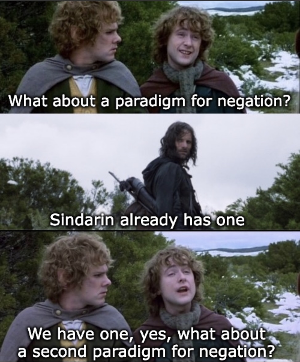 What about a paradigm for negation? - Sindarin already has one - We have one, yes, what about a second paradigm for negation? (meme)